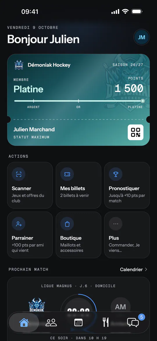 Écran de l'app (Démoniak Hockey) : Accueil partenaire. Carte Platine du partenaire, actions du réseau (billets, pronostics, parrainage, boutique, plus), prochain match.
