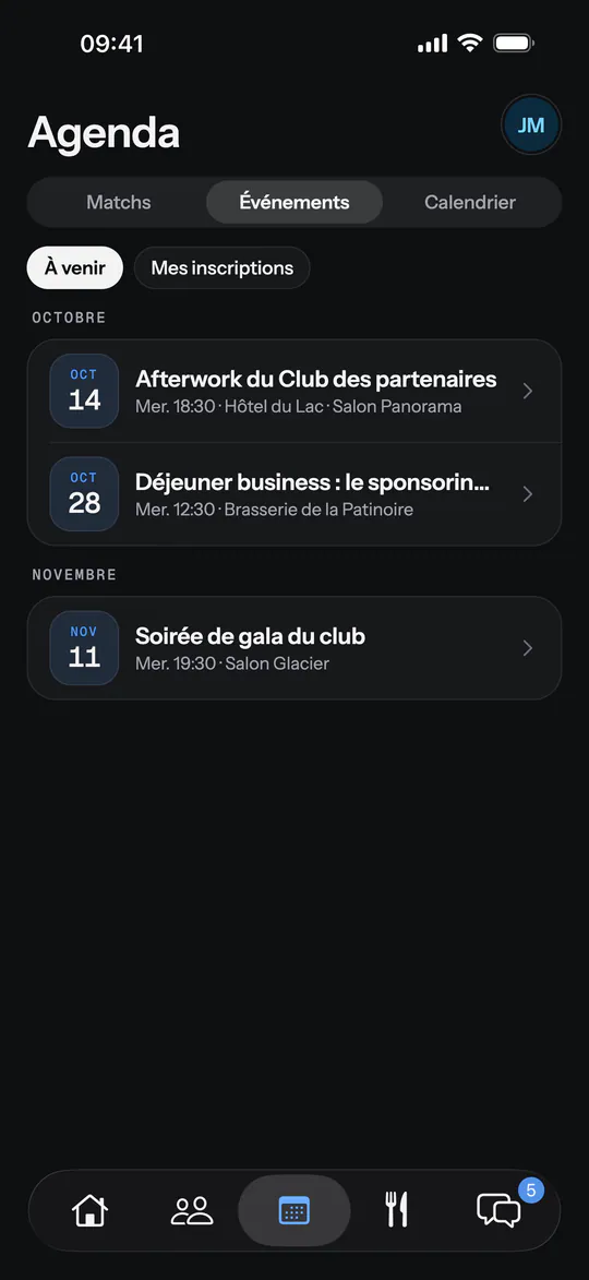 Écran de l'app (Démoniak Hockey) : Agenda des événements. Événements à venir du club (afterwork, déjeuner business, soirée de gala) et inscriptions.