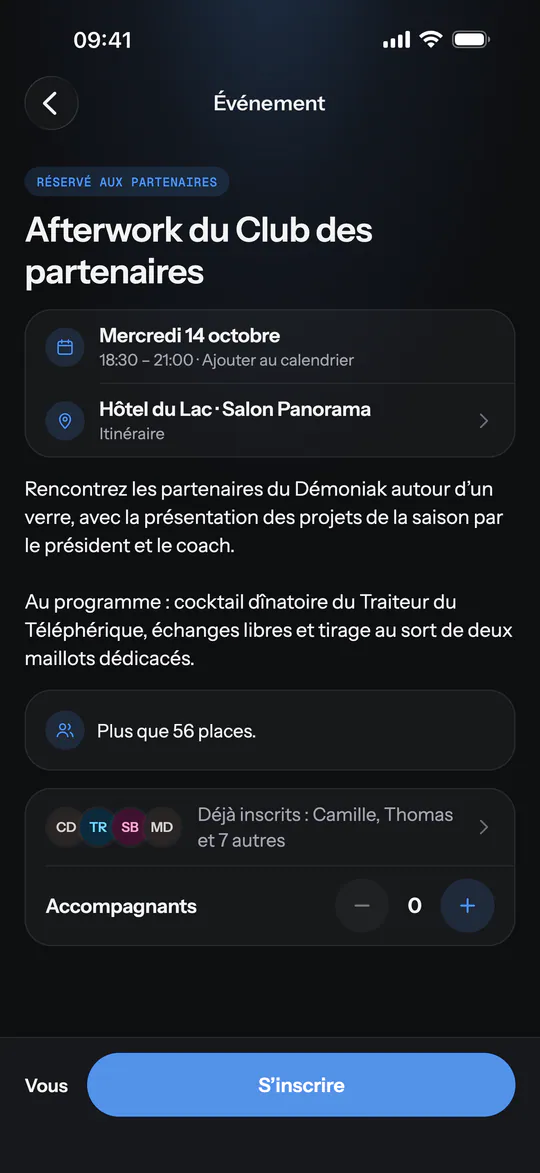 Écran de l'app (Démoniak Hockey) : Événement B2B et inscription. Afterwork du Club des partenaires : date, lieu, programme, places restantes, inscrits, accompagnants et bouton « S'inscrire ».