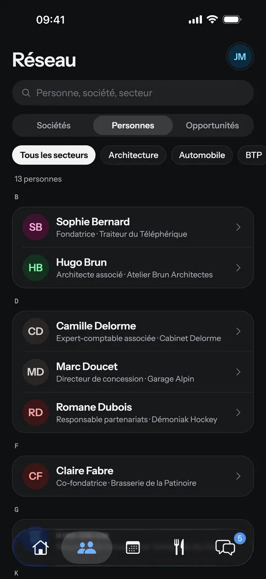 Écran de l'app (Démoniak Hockey) : Annuaire des personnes. Membres du réseau avec fonction et société, de A à Z.